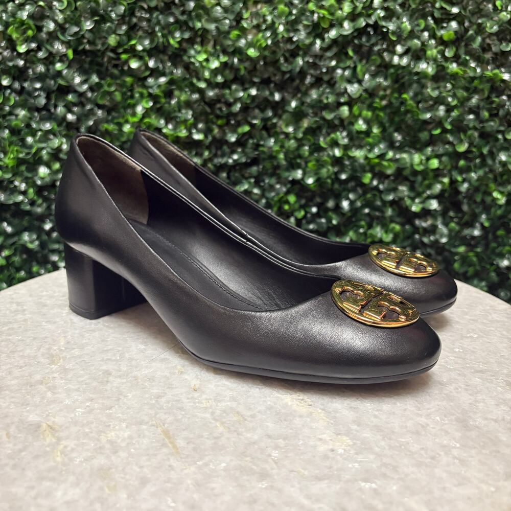 Tory Burch Chelsea pumps low block heel gold hardware black leather size 7